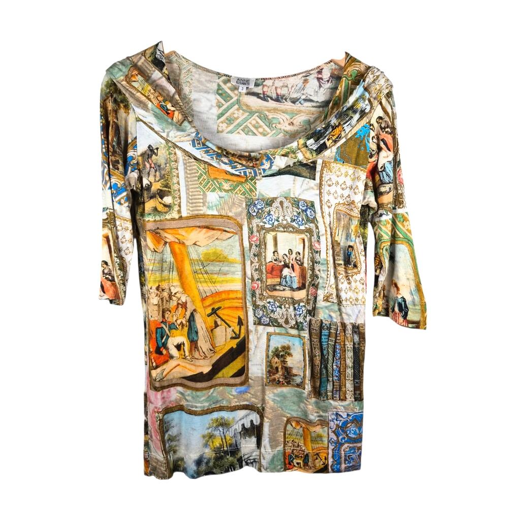 Anne Elisabeth Multicolor Graphic Print Top European Parisian Street Scene Sz 3